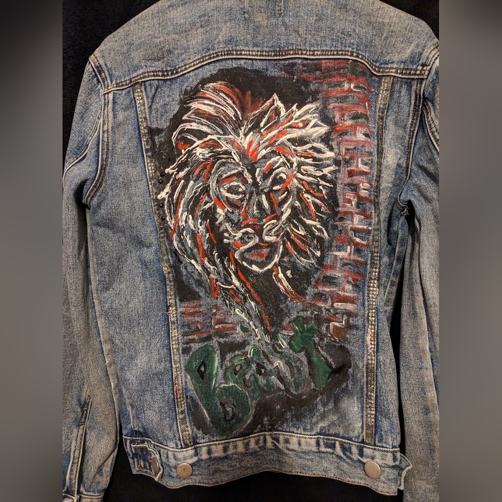 H&M distressed denim jacket. Hand painted Beauty & The Beast. Men's small - Picture 3 of 5